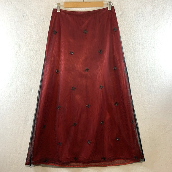 VTG 90s Whimsigoth Formal Maxi Skirt Sz 3/4 Red Black Beaded Mesh Vamp Y2K - Picture 1 of 11